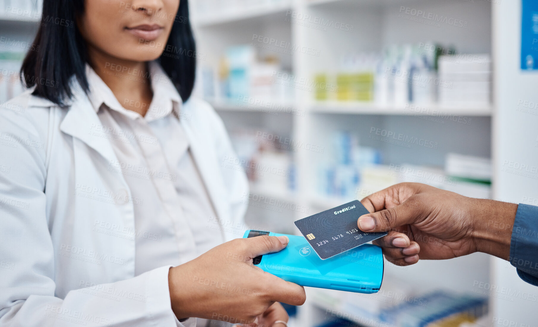 Buy stock photo Credit card, hands and tap machine for retail, healthcare and people in pharmacy drug store with payment. Money, technology and shop for prescription medicine, health insurance and customer buying