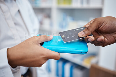 Buy stock photo Credit card, hands and payment tap machine for retail, healthcare and people in pharmacy drug store. Money, technology and shopping for prescription medicine, health insurance and customer buying