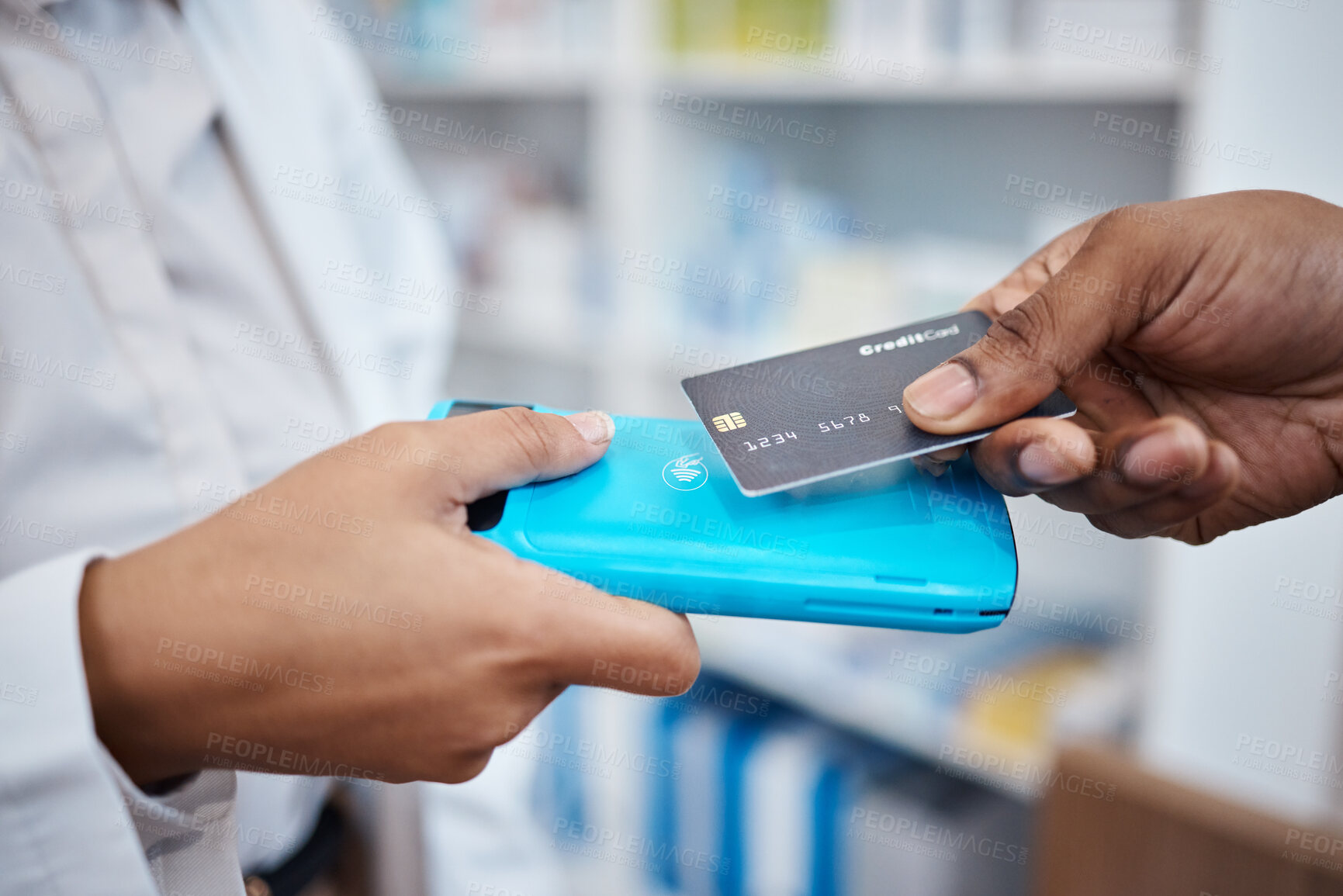 Buy stock photo Credit card, hands and payment tap machine for retail, healthcare and people in pharmacy drug store. Money, technology and shopping for prescription medicine, health insurance and customer buying