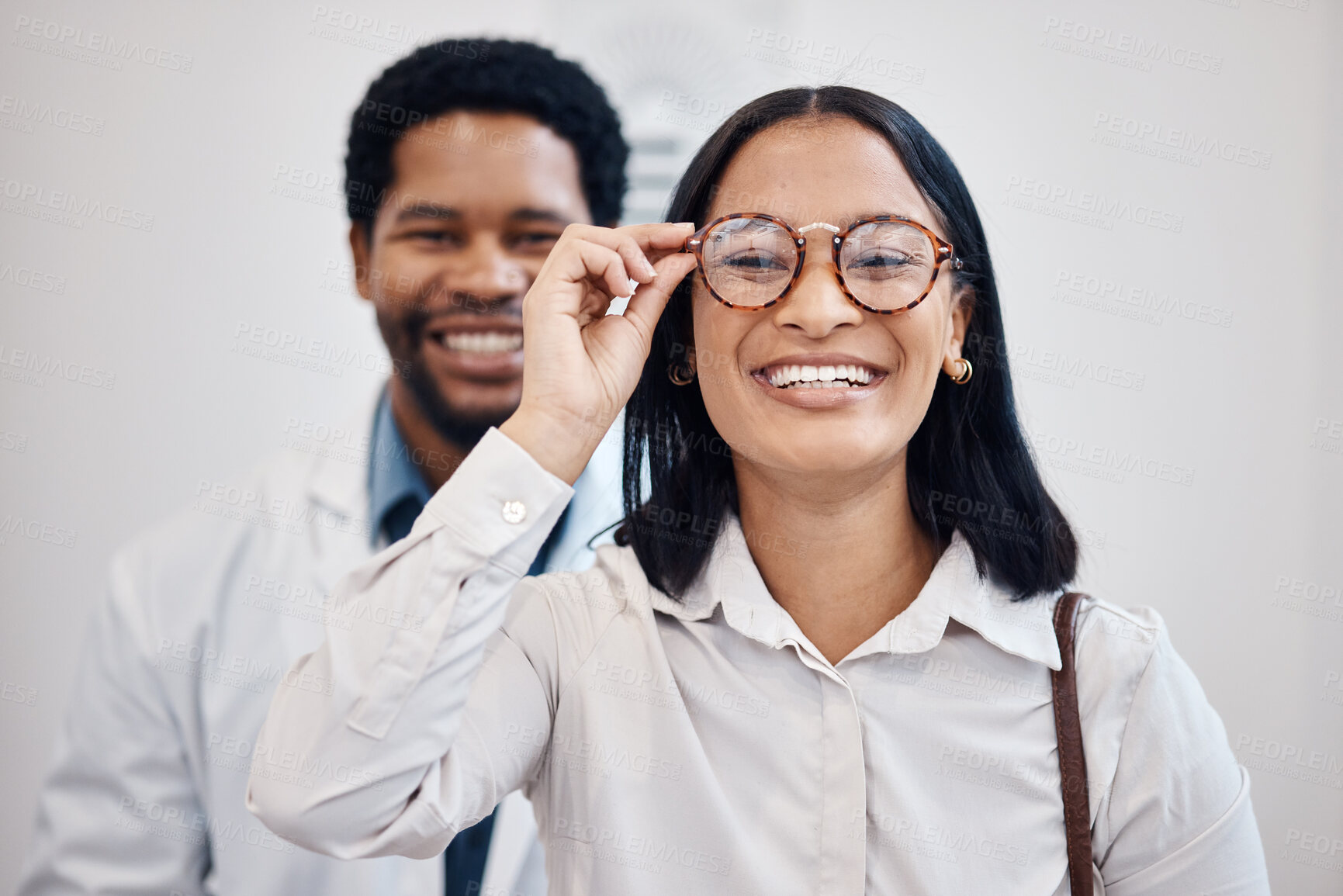 Buy stock photo Optometrist, client and glasses portrait for vision, mirror pov and customer service with new lens frame. Face of happy black woman, professional person or doctor for eyes healthcare and store test