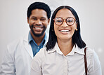 Doctor, optometry and portrait of optometrist and client with glasses, vision and eyesight after consultation. Woman, black man and healthcare professional with patient for spectacle or eyewear 