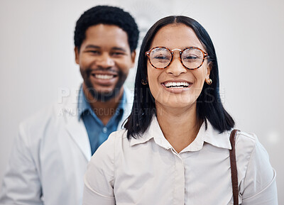 Buy stock photo Doctor, optometry and portrait of optometrist and client with glasses, vision and eyesight after consultation. Woman, black man and healthcare professional with patient for spectacle or eyewear 