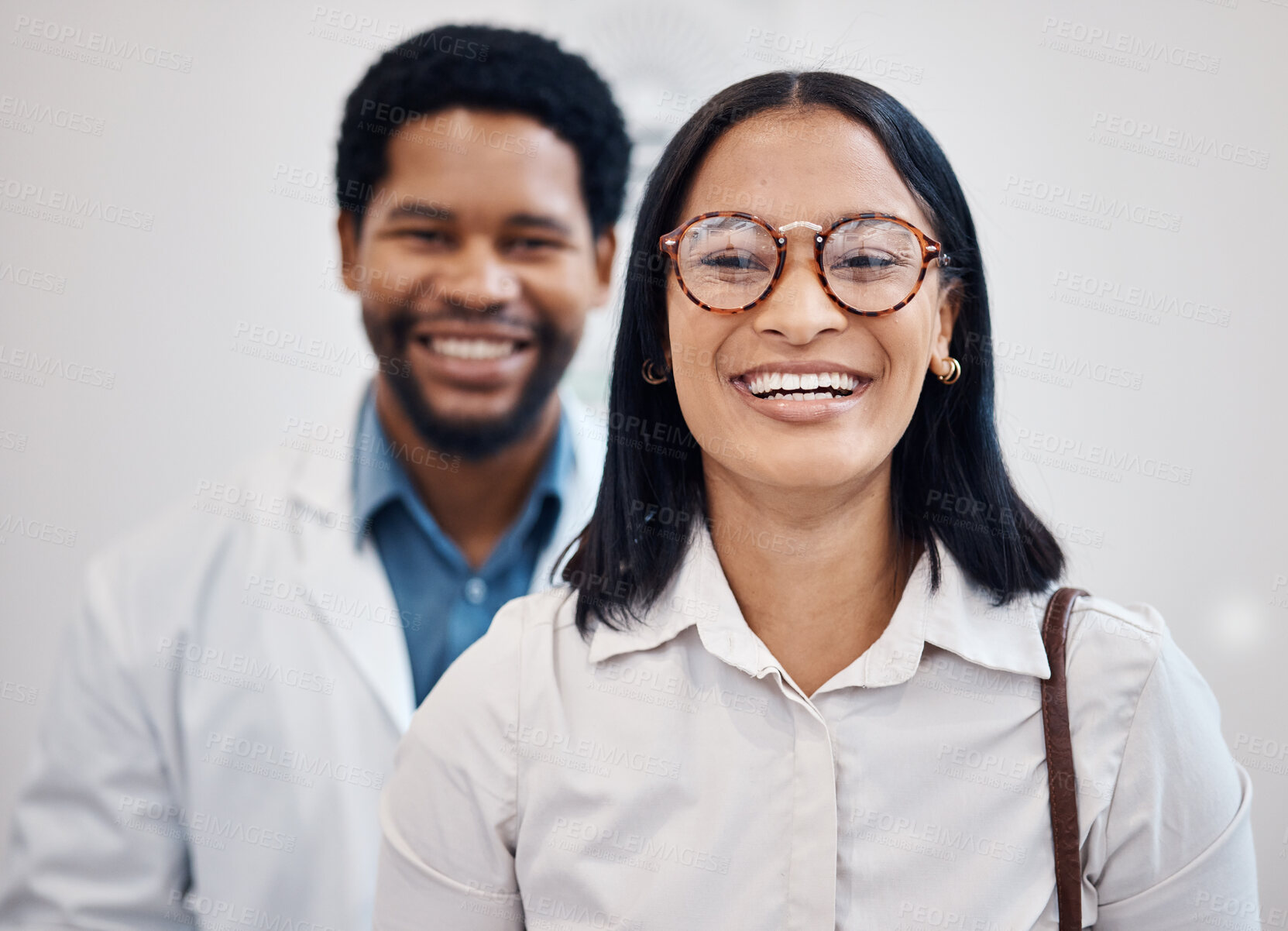 Buy stock photo Doctor, optometry and portrait of optometrist and client with glasses, vision and eyesight after consultation. Woman, black man and healthcare professional with patient for spectacle or eyewear 