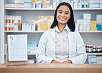 Pharmacy portrait, medicine pills and pharmacist in drugs store, pharmaceutical shop or healthcare dispensary. Hospital retail manager, package stock product and happy medical woman for help support