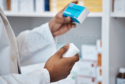 Buy stock photo Pharmacy stock check, black man hands and supplements ingredients of medicine and pills. Pharmacist, work and pharmaceutical products in a retail shop or clinic with healthcare and wellness employee 