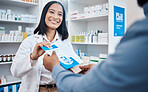 Pharmacy shopping product, pharmacist or customer buying clinic pills, medical pharmaceutical or healthcare medicine. Supplements package pamphlet, drugs store client or woman in hospital retail shop