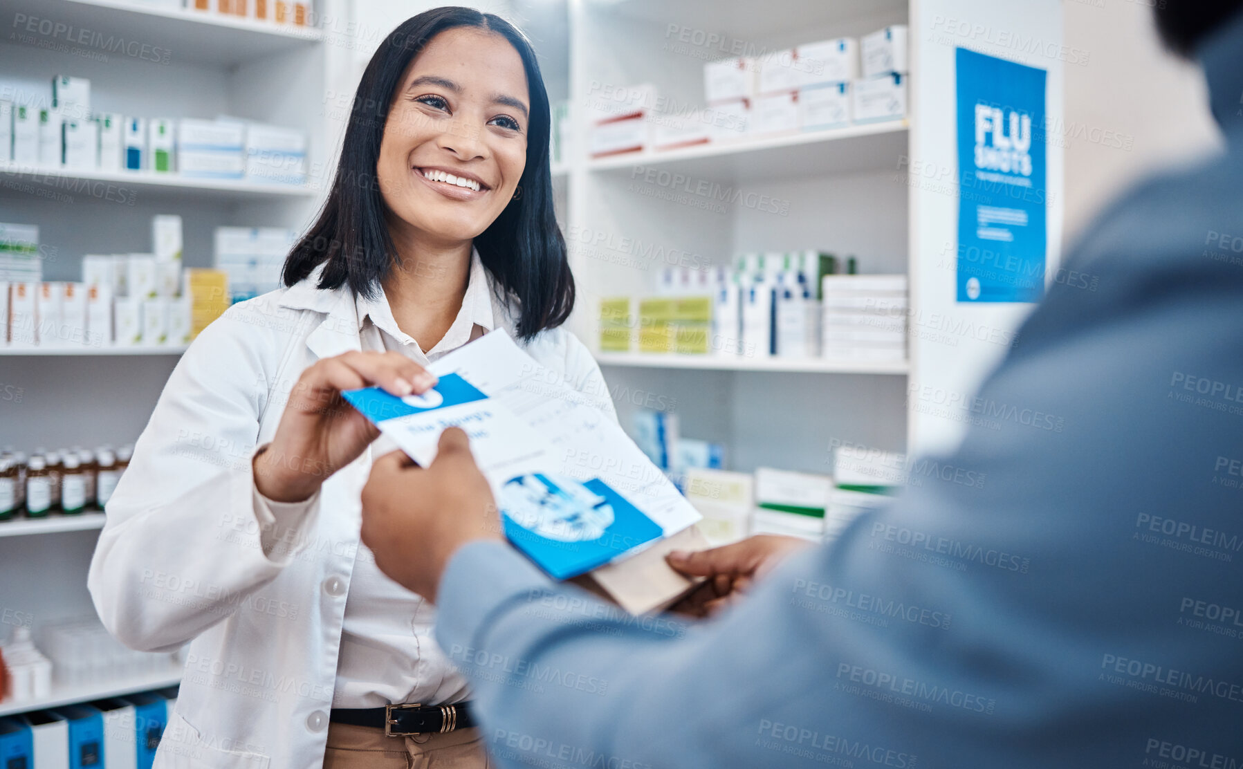 Buy stock photo Pharmacy shopping product, pharmacist or customer buying clinic pills, medical pharmaceutical or healthcare medicine. Supplements package pamphlet, drugs store client or woman in hospital retail shop