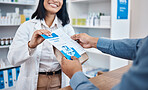 Pharmacy shopping product, hands or customer buying clinic pills, medical pharmaceutical or healthcare medicine. Supplements package pamphlet, drugs store client or pharmacist in hospital retail shop