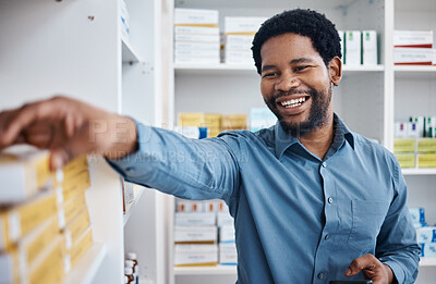 Buy stock photo Pharmacy, happy and black man shopping for medicine box, customer supplements product or drugs store pharmaceutical. Retail hospital shop, clinic pills shelf and client for medical healthcare choice