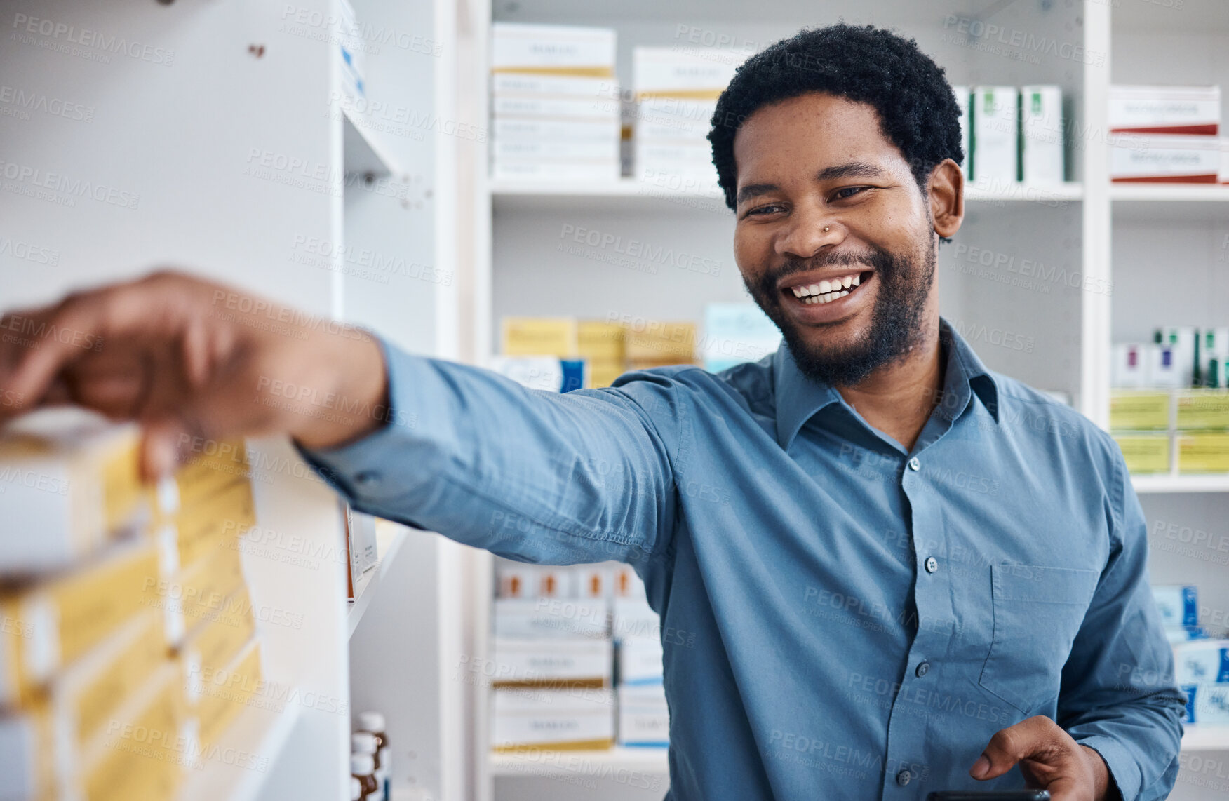 Buy stock photo Pharmacy, happy and black man shopping for medicine box, customer supplements product or drugs store pharmaceutical. Retail hospital shop, clinic pills shelf and client for medical healthcare choice