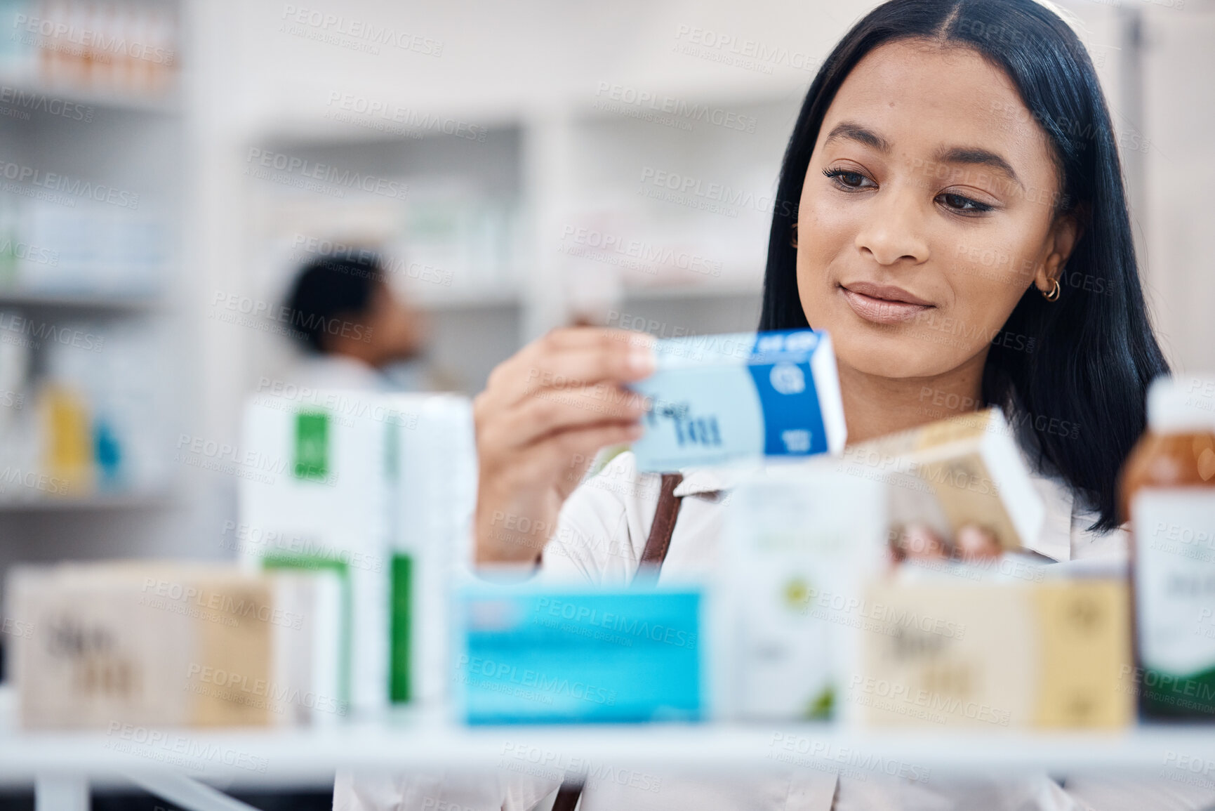 Buy stock photo Pharmacy, woman and customer shopping for medicine box, supplements product search or drugs store pharmaceutical. Retail hospital shop, clinic pills shelf or client face for medical healthcare choice