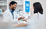 Pharmacy, counter and pharmacist with medicine for customer for wellness, drugs and medical prescription. Healthcare, clinic service and happy black man with client for medication, pills and package