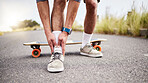 Ankle pain, injury and skater with ache or hurt foot while skating on the road or street as extreme sport. Exercise, fitness and skateboarder with muscle strain in an emergency due to accident