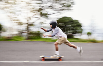 Buy stock photo Skateboard, motion blur and man speed on road for sports competition, training and exercise in city. Skating, skateboarding and male skater ride for adrenaline, adventure and freedom for challenge