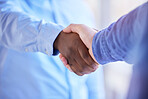 Partnership, business handshake and people in meeting for deal, b2b collaboration or congratulations. Diversity men shaking hands to welcome, thank you and agreement or contract in corporate office