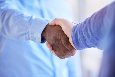 Buy stock photo Partnership, business handshake and people in meeting for deal, b2b collaboration or congratulations. Diversity men shaking hands to welcome, thank you and agreement or contract in corporate office