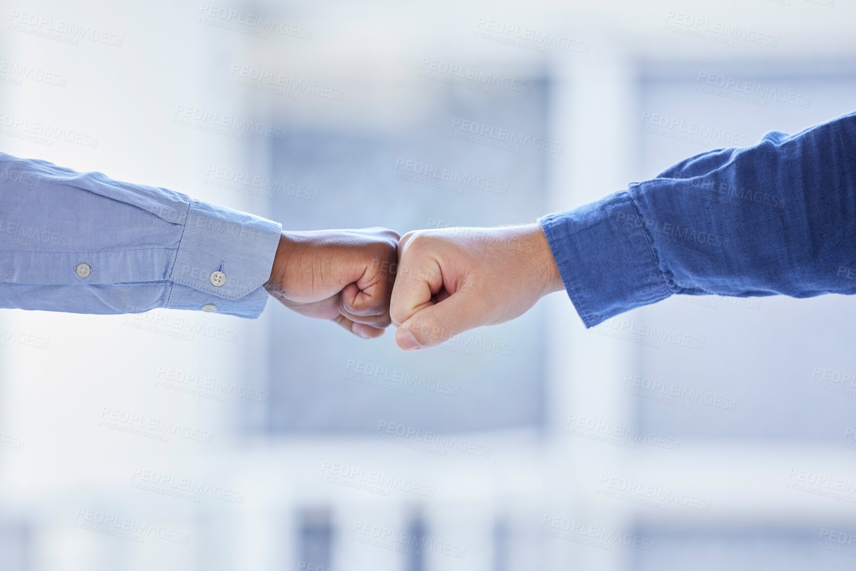 Buy stock photo Fist bump, diversity and people or partner teamwork, partnership and team building support, mission and agreement. Black man friends with solidarity hand sign for collaboration, success and men power