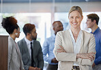 Leadership, portrait and group of business people in the office together after a meeting. Management, diversity and confident female manager or ceo standing with a corporate team in the workplace.