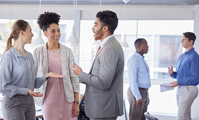 Buy stock photo Business people, talking work and company collaboration in a conference room. Planning, teamwork conversation and speaking of corporate staff in office communication together with happiness