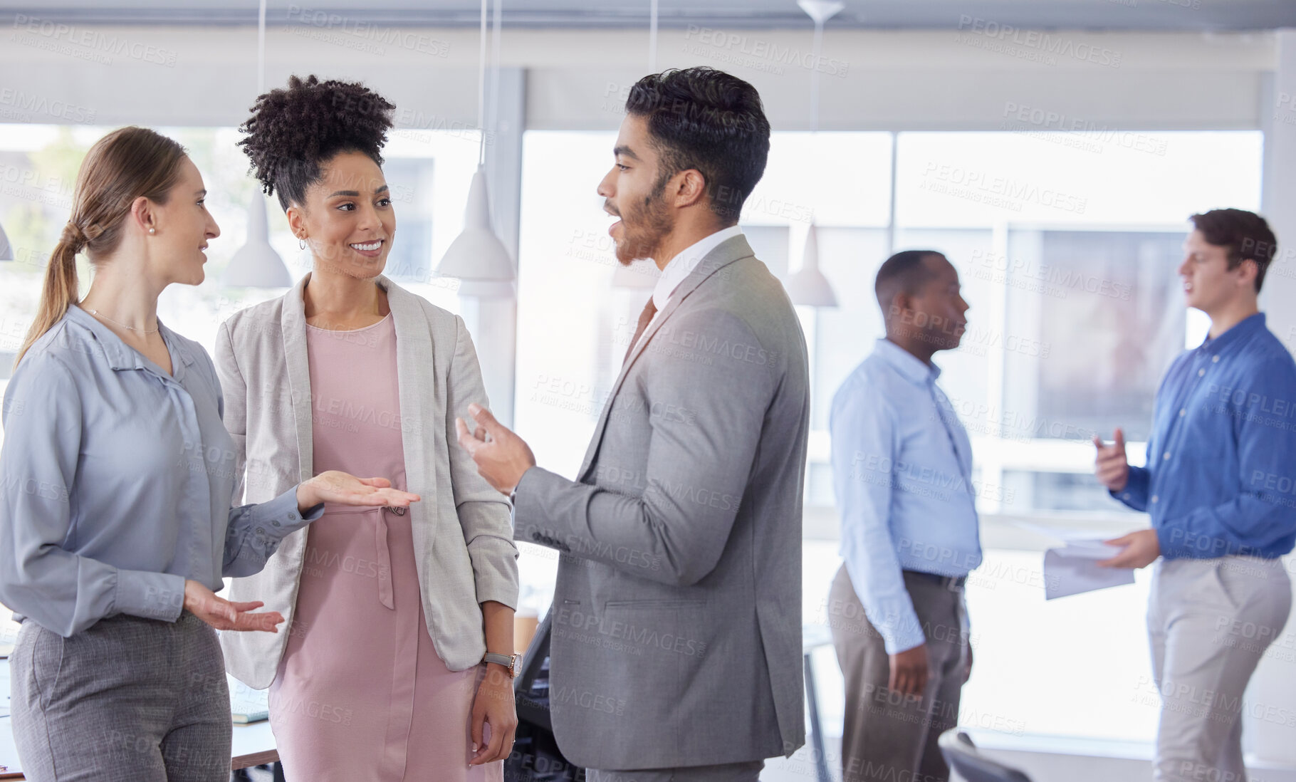 Buy stock photo Business people, talking work and company collaboration in a conference room. Planning, teamwork conversation and speaking of corporate staff in office communication together with happiness