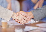 Partnership, handshake and people in meeting for business deal, b2b collaboration or congratulations. Man and woman shaking hands welcome, thank you and agreement or promotion achievement in office