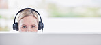 Call center portrait, woman on computer, consultant or agent in customer support, virtual communication and consulting service. Online advisor, telecom person or worker face in headset, pc and mockup