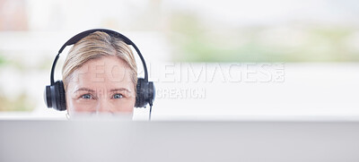 Buy stock photo Call center portrait, woman on computer, consultant or agent in customer support, virtual communication and consulting service. Online advisor, telecom person or worker face in headset, pc and mockup