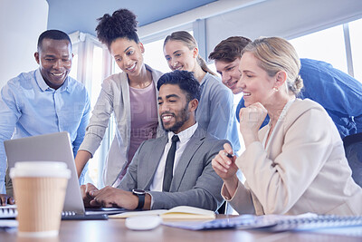 Buy stock photo Business people, laptop and team support in meeting for collaboration, planning or strategy at office. Group of diverse employee workers sharing idea in teamwork on computer for schedule project plan