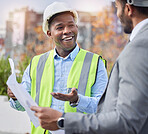 Engineer, men outdoor and blueprints for planning, happiness and real estate development. Architecture, male employees and leader with smile, documents and paperwork for partnership and collaboration