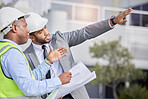 Teamwork, engineering and leader with blueprint at construction site for development. Architecture, collaboration and people, contractor men or architect colleagues pointing, planning and discussion.