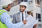 Architect, men outdoor and blueprints for real estate, city and conversation for collaboration, partnership and deal. Engineer, male employees and manager with document, town and construction site