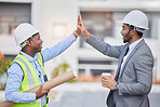 Construction, success and men with a high five for architecture, motivation and partnership. Collaboration, happy and architects with a hand gesture for solidarity, support and building on site