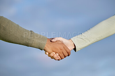 Buy stock photo Handshake, agreement and people teamwork, partnership and collaboration for support, onboarding and b2b on blue sky. Woman with partner shaking hands together for welcome, thank you or deal on mockup