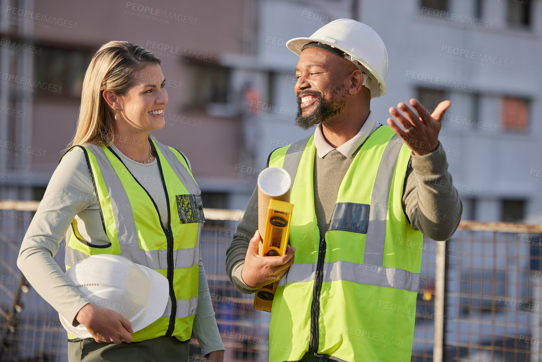 Buy stock photo Diversity collaboration, conversation and architect teamwork on real estate building, architecture or project site. Consulting, property developer and construction worker planning civil engineering 