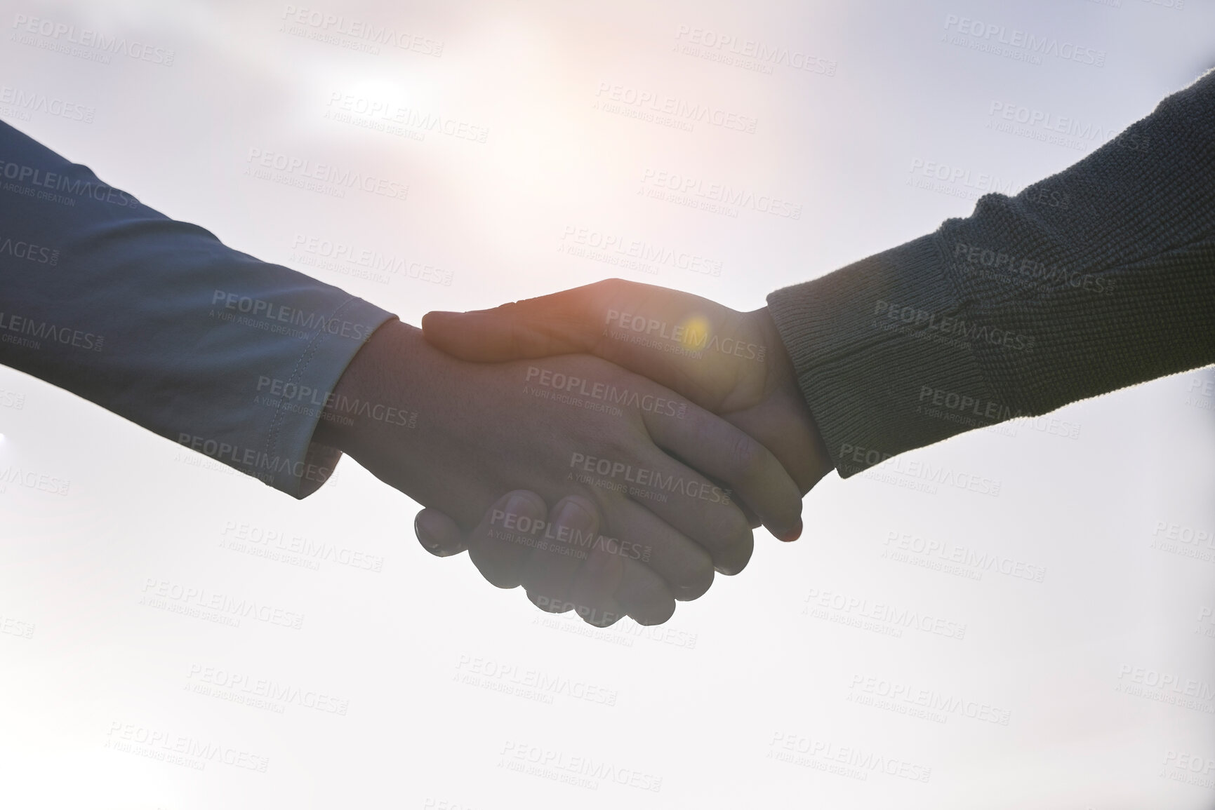 Buy stock photo Handshake, agreement and people partnership, outdoor teamwork and collaboration for onboarding or b2b. Business person, professional partner and shaking hands welcome, thank you or deal in lens flare