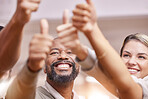 Thumbs up, winning and group of people with thank you, support and diversity hands sign for solidarity, yes or like. Vote, goals and winner team or business staff teamwork, agreement and well done 