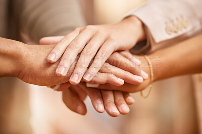 Buy stock photo Business people, hands together and unity in trust, collaboration or teamwork at the office. Group piling hand in team building for goal, support or motivation in success, union or cooperation