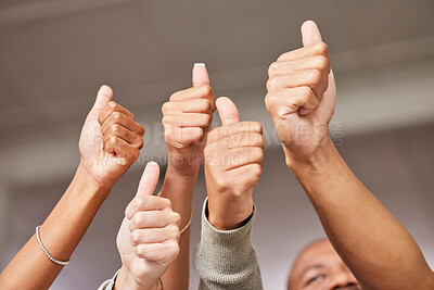 Buy stock photo Thumbs up closeup, group of people winning, thank you and support with diversity, hands together in yes, vote or like. Goals, target reach and winner team or business staff teamwork, agreement and ok