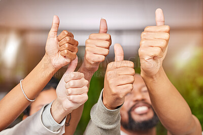 Buy stock photo Winning, thumbs up and group of people thank you, support or diversity hands for vote, yes or like emoji. Team building, target reach and winner staff teamwork, business agreement or success sign