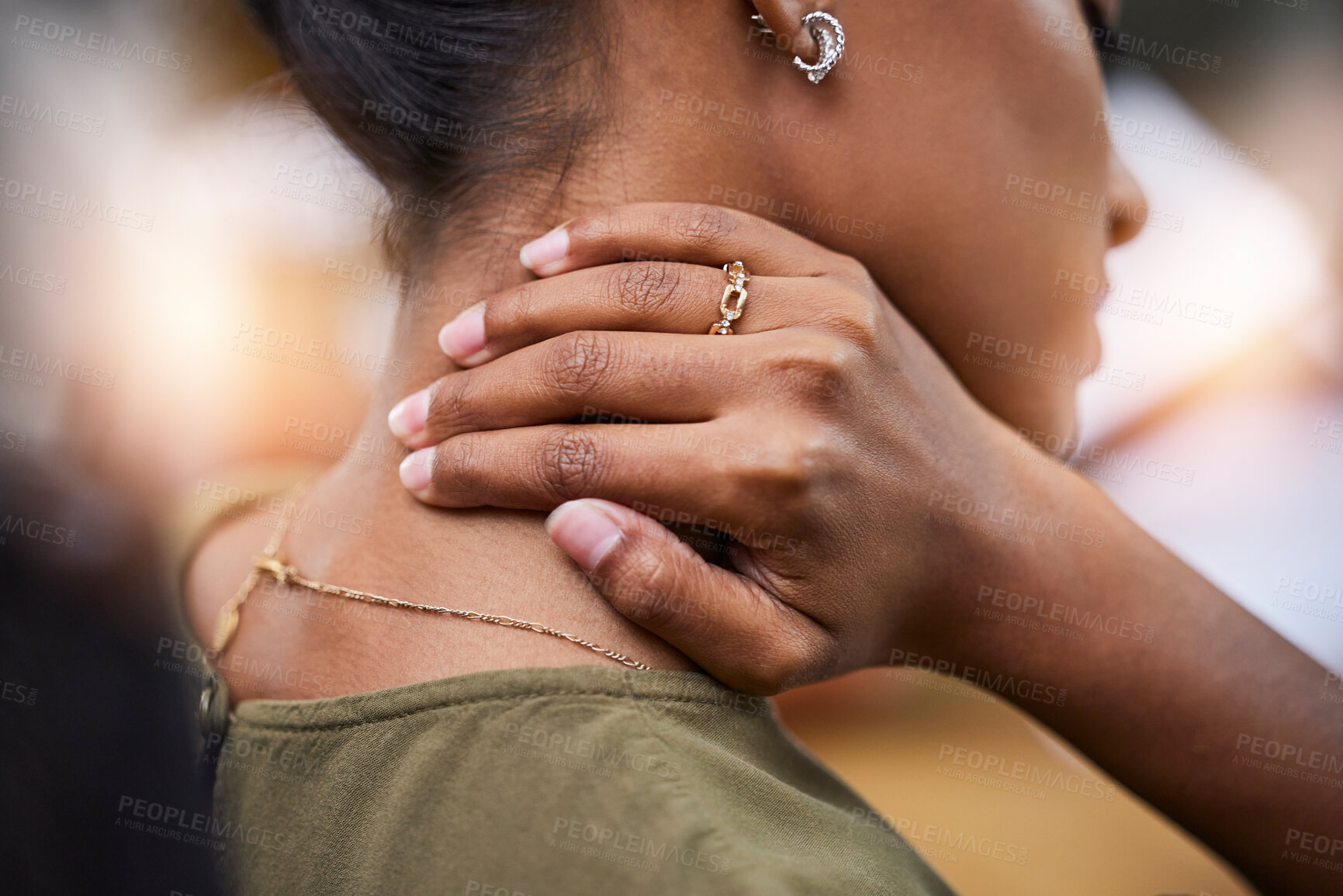 Buy stock photo Closeup, Indian woman and neck pain with burnout, stress and agony with muscle strain, overworked and tension. Zoom, female and lady with health issue, problem or first aid with emergency or accident