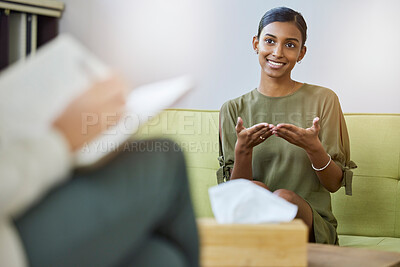 Buy stock photo Therapy, psychology and young woman talking of help, support or mental health solution and therapist writing notes. Counseling service, progress and psychologist with indian patient, client or person