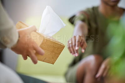 Buy stock photo Closeup, tissue or therapy session with hands, mental health or compassion with patient, sad or emotional. Zoom, female client or therapist with empathy, grief or loss with psychology or consultation