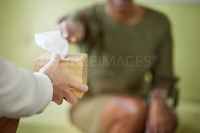 Buy stock photo Therapist hands, tissue and black woman patient at therapy consultation for grief and depression. Mental support, healthcare consultation and sad female with trust and blurred background in a office