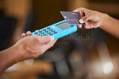 Buy stock photo Hands, credit card and machine for ecommerce, payment or wireless transaction and purchase at retail store. Hand of customer paying, buying or tap to pay on electronic POS device for easy banking