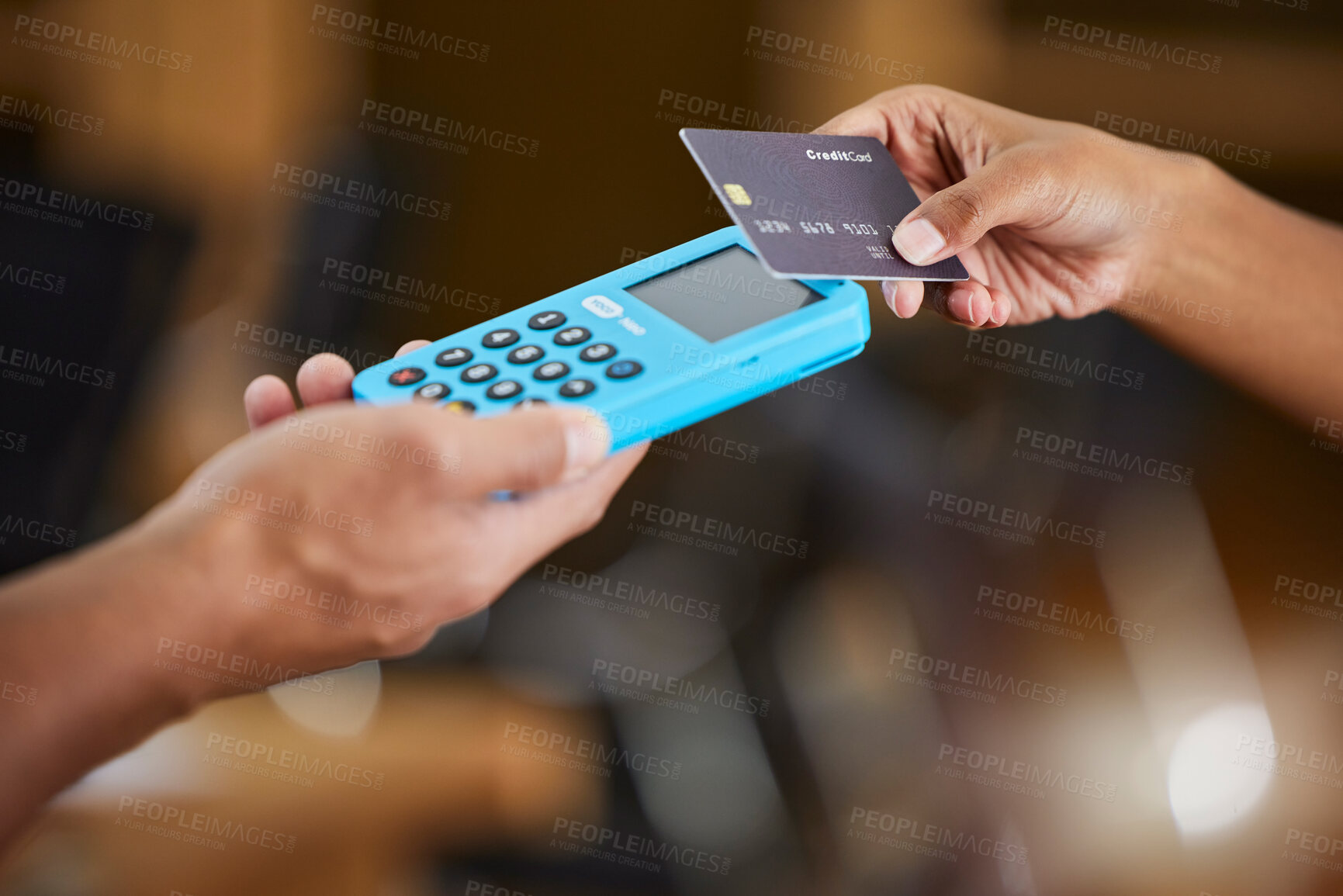 Buy stock photo Hands, credit card and machine for ecommerce, payment or wireless transaction and purchase at retail store. Hand of customer paying, buying or tap to pay on electronic POS device for easy banking