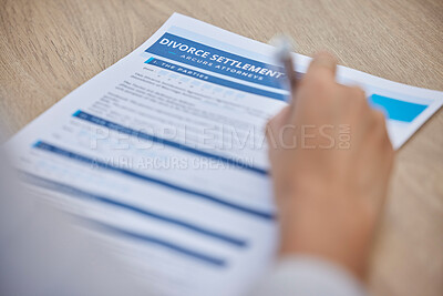 Buy stock photo Divorce paperwork, woman hands and signature for agreement, contract and legal documents on desk. Family law, sign and person writing on print paper for notary, break up and marriage policy rules 