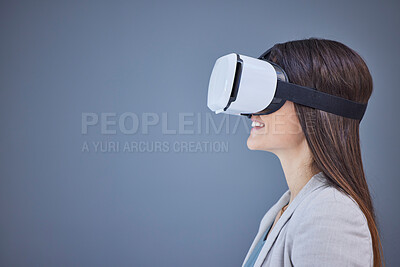 Buy stock photo Virtual reality, metaverse and mockup with a business woman using goggles to access an ai interface. VR, 3d and headset with a female employee working online for innovation in information technology