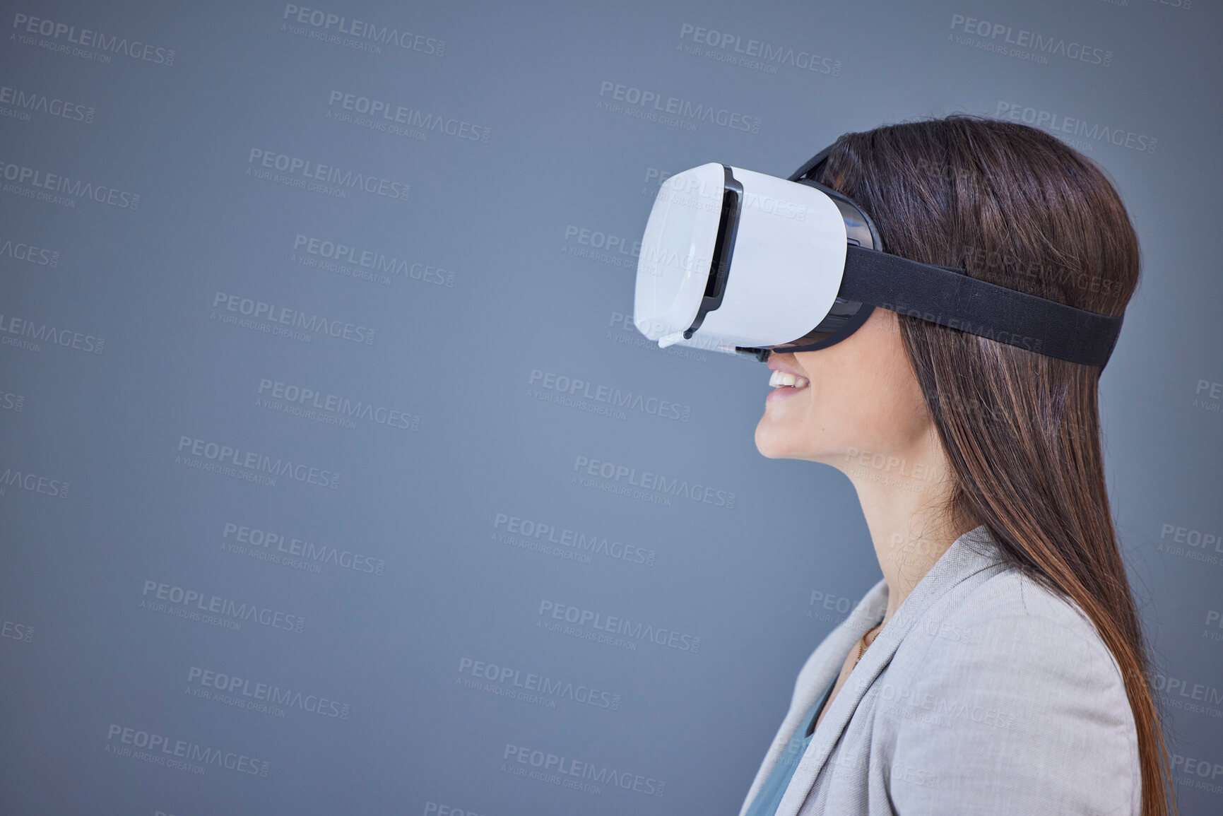 Buy stock photo Virtual reality, metaverse and mockup with a business woman using goggles to access an ai interface. VR, 3d and headset with a female employee working online for innovation in information technology