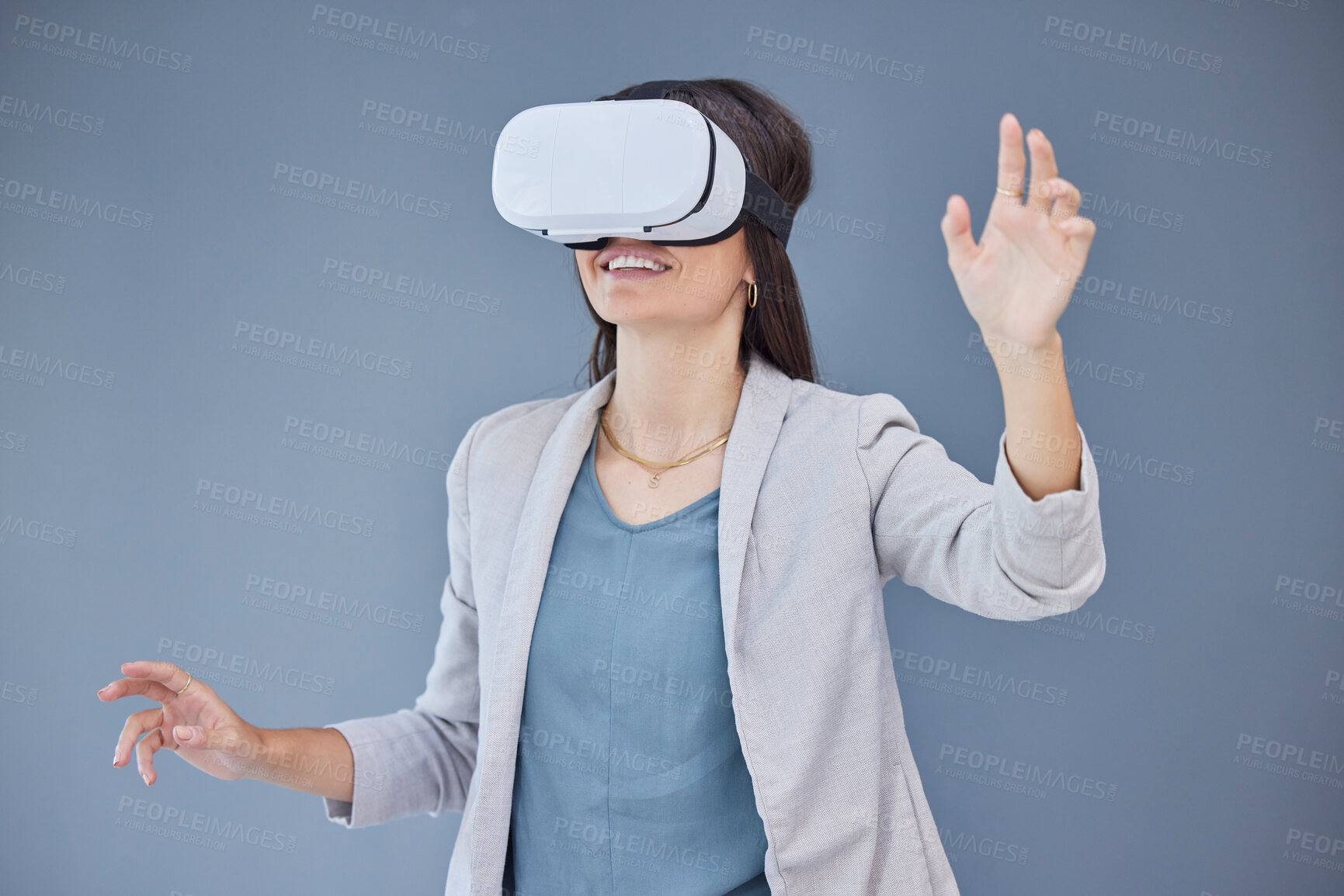 Buy stock photo Vr, virtual reality and business woman in studio exploring metaverse with digital technology. 3d, ai and happy female employee with futuristic headset for gaming, web browsing or fantasy simulation.