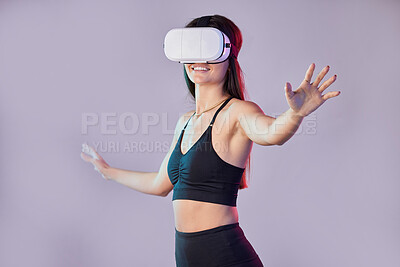 Virtual reality, fitness metaverse and woman in studio isolated on a purple  background. 3d gamer, vr smile and happy female athlete with futuristic  headset for gaming, esports and fantasy simulation.